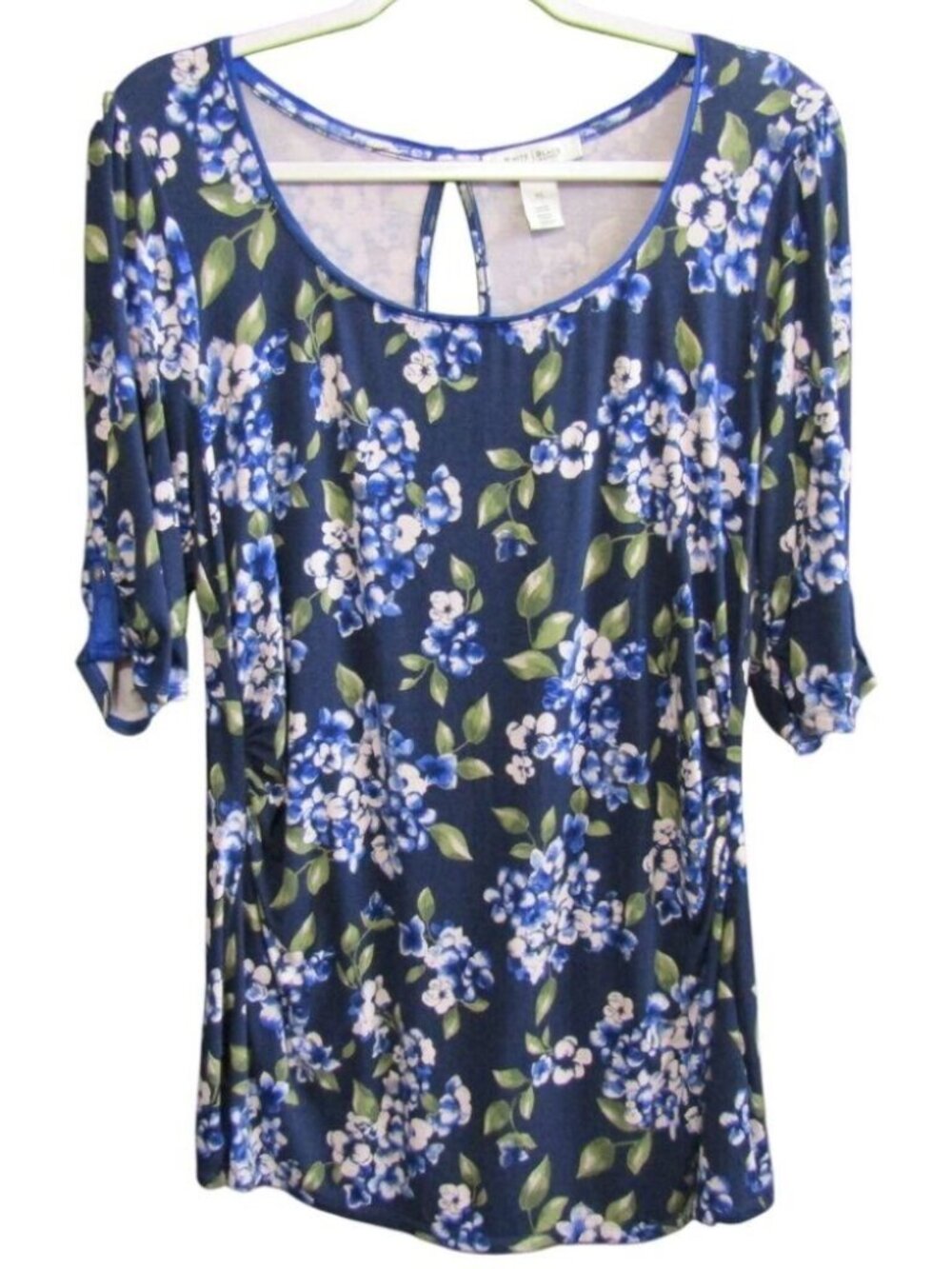 White House Black Market Blue White Floral Top Sz XL Scoop Neck Ruched Side WHBM